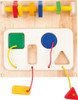 Moje Bambino Manipulation Fine Motor Skills Wall Panel, educational wooden wall panel for children with colorful shapes and strings for fine motor skill development.