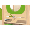 Moje Bambino Flora Mini Play Loft, detailed view of the educational wooden play structure, featuring green and natural wood elements with a clock design.