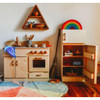 Bella Luna Toys Classic Wood Kitchen & Refrigerator Set, a wooden play kitchen and refrigerator set for children with kitchen accessories and rainbow decorations.