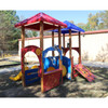 Infinity Playgrounds Sea N Me Tot Sea N Me Tot Toddler Playground Climber, colorful outdoor play structure with slides, climbing wall, and shaded roofs, suitable for children.