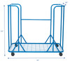 Angeles Universal Storage Cart, blue metal rolling storage cart with four wheels and measurements 54 inches high, 52 inches wide, and 26 inches deep.