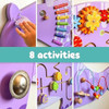 SPARK & WOW Triceratops Activity Wall Panel, educational children's activity wall with various colorful sensory and motor skill development activities including gears, xylophone, bells, and beads.