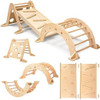 SPARK & WOW Wooden Montessori Climbing Set 3-Pieces, natural wooden climbing equipment for children including a slide, climbing arch, and rock wall panels. SPARK & WOW Wooden Montessori Climbing Set 3-Pieces, natural wooden climbing equipment for children including a slide, climbing arch, and rock wall panels.