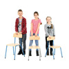 Moje Bambino Stackable Bambino Medal Classroom Chair, children standing behind the chairs, wooden seats with blue metal frames.