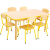 Moje Bambino Stackable Bambino Medal Classroom Chair, a set of lightweight wooden chairs with yellow metal frames arranged around a light wooden classroom table.