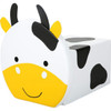 Moje Bambino Animal Friends Soft Seating, cute cow-themed children's soft seating with a smiling face, black and white spotted body, and yellow accents.