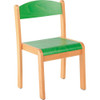 Moje Bambino Stackable Children's Wood Chairs, colorful children's wooden chair with green seat and backrest with natural wood frame.