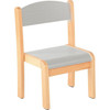 Moje Bambino Stackable Children's Pastel Wooden Chairs, a set of small, pastel-colored children's chairs with natural wooden legs and a light gray backrest and seat.