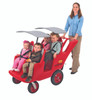 Angeles BYE BYE BUGGY 4 Passenger Stroller Never Flat "Fat Tire", Red/Gray, with four children seated and a woman pushing the stroller.