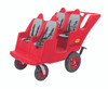 Angeles BYE BYE BUGGY 4 Passenger Stroller Never Flat Fat Tire Red/Gray, a durable red and gray ride-on toy with four seats, safety harnesses, and flat-proof tires for children.