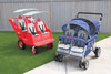 Angeles 4 Passenger BYE BYE BUGGY Never Flat Fat Tire stroller in red/gray and a blue double stroller.