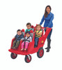Angeles 4 Passenger BYE BYE BUGGY Never Flat Fat Tire Red Gray, a red and gray four-passenger stroller with three children seated and a woman standing behind it, smiling.