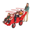 Angeles BYE BYE BUGGY 6 Passenger Stroller Never Flat "Fat Tire", Red Stripes, red kid's pedal car with canopy and six children riding, adult woman pushing stroller.