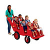 Angeles BYE BYE BUGGY 6 Passenger Stroller Never Flat 'Fat Tire', Red/Gray, with kids seated and an adult standing next to it, outdoor setting.