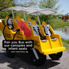 Angeles 6 Passenger BYE BYE BUGGY Daycare Stroller Bus, yellow pedal-powered bus with canopy and infant seats for children, ideal for park rides and group outings.
