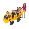 Angeles 6 Passenger BYE BYE BUGGY Daycare Stroller Bus, a yellow children's ride-on vehicle with six seated kids and a smiling woman, designed for fun and group transportation.