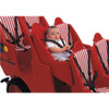 Angeles BYE BYE BUGGY Infant Seat, a red infant car seat with striped fabric and black safety harness, showing a baby sitting securely inside.