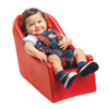 Angeles BYE BYE BUGGY Infant Seat, young child smiling and sitting comfortably in a red infant car seat with safety straps.