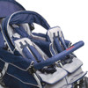 Angeles SureStop BYE-BYE Folding Commercial Stroller 4 Passenger, image showing a blue and white double stroller designed for four children with foldable fabric seats, harnesses, and a sturdy frame.