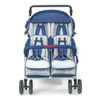 Angeles SureStop BYE-BYE Folding Commercial Stroller 4 Passenger, a double stroller designed for four children with a sturdy metal frame, blue and white fabric seats, and safety harnesses.