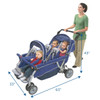 Angeles SureStop BYE-BYE Folding Commercial Stroller 6 Passenger, blue double stroller with three children seated, and a woman pushing it, with dimensions 63 inches in length, 33 inches in width, and 43 inches in height.
