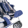 Angeles SureStop BYE-BYE Folding Commercial Stroller 6 Passenger, close-up view of the blue and beige multi-passenger stroller showing its seating arrangement, safety harnesses, and sturdy wheels.