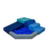 Children's Factory Mikayla's Mini Mountain Tranquility Foam Ball Pit, colorful soft play area with padded steps and a ball pit filled with blue balls.