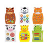 SPARK & WOW Animal Activity Wall Panel Set, colorful animal-themed educational wooden wall panels for children featuring various activity elements like beads, sliders, gears, and puzzles.