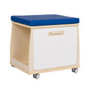Angeles Mobile Teacher Stool - RTA, wooden teaching stool with a blue cushioned seat and mobile wheels for easy movement.