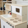 Angeles Combination Play Kitchen - Assembled, children's wooden play kitchen with stovetop, sink, faucet, and storage compartments.