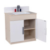 Angeles Complete Play Kitchen 4-Pieces, assembled toy play kitchen with a natural wood finish, featuring a sink with faucet, storage cabinet with open shelving, and a white exterior with modern gray handle.