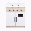 Angeles Play Kitchen Set 3-Pieces, assembled children's play kitchen with stove, oven, and storage cabinets, featuring a white and natural wood finish.