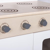 Angeles White Play Stove - Assembled, close-up view of the stove's control knobs and cooktop surface with spiral burners.