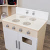 Angeles White Play Stove - Assembled, a children's wooden play kitchen with four black coil burners, a white oven, and gray knobs on the front panel for stove controls.