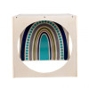 Angeles Tranquility Reading Cube - RTA, a cube-shaped wooden sensory toy with a colorful rainbow design inside.