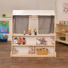 Angeles Puppet Theatre with Dry Erase Board - RTA, a children's puppet theater stand with grey curtains, displaying various plush toys and figurines for storytelling and imaginative play in a classroom or playroom.