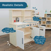 Angeles Combination Play Kitchen - RTA, light-colored wooden toy kitchen with open doors, interactive knobs, and realistic burner graphics, ideal for children's play and storage.