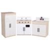 Angeles Play Kitchen Set 3-Pieces - RTA, miniature wooden toy kitchen set with white and natural wood finish, includes a tall cabinet, a stove with oven, and a sink with storage cabinet, perfect for children's pretend play.