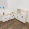 Angeles White Play Stove - RTA, toy play kitchen set with sink, stove, and storage cabinet for children.