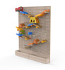 LiteZilla Kidworx Turbo Trax Raceway Wall Ball Run, colorful wooden marble run game with ramps, chutes, and a ball dispenser on a gray perforated board.