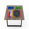 LiteZilla IllumiTable Light Bright Table, a wooden table with colorful LED pegs and two plastic trays for organizing game pieces.