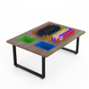 LiteZilla IllumiTable Light Bright Table, modern table with colorful glass tiles and two plastic bins in green and blue.