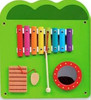SPARK & WOW Xylophone Hammer Wand for Crocodile Wall Toy, colorful wooden xylophone with mallet, percussion toy with drum and wooden accessory on green background.