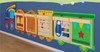 Flash Furniture Bright Beginnings Wooden Train STEAM Wall System with 5 Accessory Panel Holders, colorful wooden train wall display with various activity panels for children.