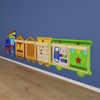 Flash Furniture Bright Beginnings Wooden Train STEAM Wall System with 5 Accessory Panel Holders, colorful wooden train wall decor for children's playroom with interactive educational panels.