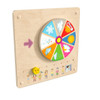 Flash Furniture Bright Beginnings Wooden STEAM Weather Wall Activity Board, educational weather-themed wall activity board with colorful circular wheel depicting various weather conditions, wooden background with weather icons, and small playful character illustrations at the bottom.