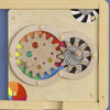 Flash Furniture Bright Beginnings Wooden STEAM Turning Gears Wall Activity Board, educational wooden wall toy with colorful gears and black-and-white hypnotic spinning gear.