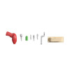 Flash Furniture Bright Beginnings Tools & Holder Accessory Set for Modular STEAM Wall Systems with Working Drill, image shows various toy tools and accessories, including a toy drill, screwdriver bits, a green screwdriver handle, and a wooden holder.