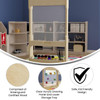 Flash Furniture Bright Beginnings Wooden Double-Sided STEAM Easel with Acrylic Paint Window and Storage Tray, showing a kid-friendly educational easel in a classroom setting with additional storage shelves.