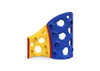 World Klass Play Balanced Rock Playground Climbing Wall, colorful climbing rock structure with blue and yellow panels and various geometric hole patterns.